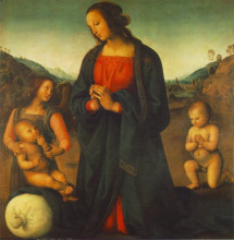 Картина "мадонна, ангел и маленький св. иоанн поклоняются младенцу" художника "перуджино пьетро"