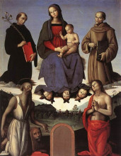 Репродукция картины "мадонна с младенцем и четырьмя святыми (алтарь тези)" художника "перуджино пьетро"