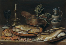 Репродукция картины "still life with fish, candle, artichokes, crabs and shrimp" художника "петерс клара (художница)"