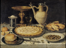 Репродукция картины "table with orange, olives and pie" художника "петерс клара (художница)"