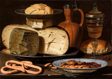 Репродукция картины "still life with cheeses, almonds and pretzels" художника "петерс клара (художница)"