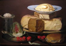Репродукция картины "still life with cheeses, artichoke, and cherries" художника "петерс клара (художница)"