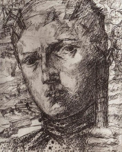 Репродукция картины "голова юноши на фоне деревенского пейзажа" художника "петров-водкин кузьма"