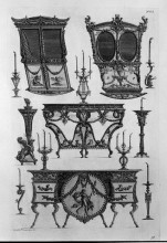 Репродукция картины "two sides of sedan chairs, two tables to the wall, nine chandeliers" художника "пиранези джованни баттиста"