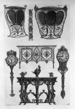 Репродукция картины "two sides of sedan chairs, two tables to the wall, two clocks, three coffee makers, a frieze" художника "пиранези джованни баттиста"
