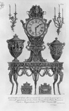 Картина "a five-legged table, wall matterhorn, surmounted by a clock between two decorative vases, two candelabra wall, two urns" художника "пиранези джованни баттиста"
