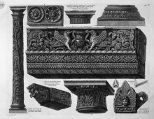 Картина "a frieze with architrave, column, two capitals, a bed, a shelf and two terracotta" художника "пиранези джованни баттиста"