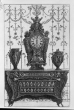Картина "chest of drawers with patterns of diamonds, on a clock and two decorative vases" художника "пиранези джованни баттиста"