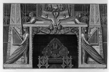 Репродукция картины "egyptian-style fireplace surmounted by two sphinxes and flanked by two great figures of harpists, a rich interior wing" художника "пиранези джованни баттиста"