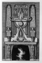 Репродукция картины "egyptian-style fireplace, on the floor between two obelisks and a number of decorative elements, two sphinxes crouching, and among them a naked figure standing" художника "пиранези джованни баттиста"