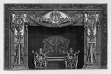 Картина "fireplace: trophies with sphinxes in the sides, to which the lower two figures are set against egypt, in the interior, full wing" художника "пиранези джованни баттиста"