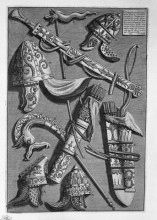 Репродукция картины "helmets, dagger, quivers, poker, signs (from the pedestal of the column of trajan)" художника "пиранези джованни баттиста"