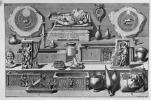 Репродукция картины "the roman antiquities, t. 3, plate xxvii. urns, vases, sarcophagi and various objects found in burial chambers above (figures carved from barbault)." художника "пиранези джованни баттиста"