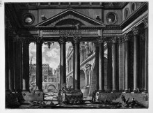 Репродукция картины "the roman antiquities, t. 4, plate ii. according to the title. on the bank of a river a great colonnade through which you can see a bridge and monumental buildings of the opposite bank." художника "пиранези джованни баттиста"