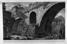 Картина "the roman antiquities, t. 4, plate xvi. a view of the portion of the ship built and planted before the travertine substructures of the temple of aesculapius tiber island." художника "пиранези джованни баттиста"