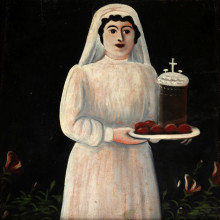 Репродукция картины "женщина, несущая пасхальные яйца (уцелевшая часть картины)" художника "пиросмани нико"