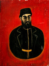 Картина "portrait of wine-pub owner on a red background" художника "пиросмани нико"