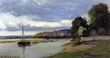 Копия картины "banks of a river with barge" художника "писсарро камиль"