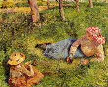 Картина "the snack, child and young peasant at rest" художника "писсарро камиль"