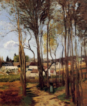 Репродукция картины "a village through the trees" художника "писсарро камиль"