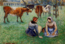 Картина "seated peasants watching cows" художника "писсарро камиль"