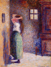 Репродукция картины "young peasant at her toilette" художника "писсарро камиль"