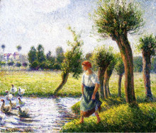 Репродукция картины "peasant woman watching the geese" художника "писсарро камиль"