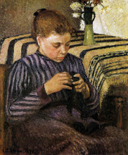 Репродукция картины "young woman mending her stockings" художника "писсарро камиль"