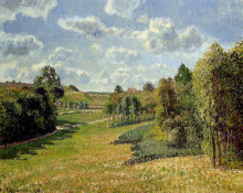 Репродукция картины "berneval meadows, morning" художника "писсарро камиль"