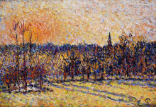 Репродукция картины "sunset, bazincourt steeple" художника "писсарро камиль"