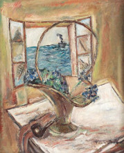 Копия картины "still life with pipe and basket full of violets" художника "попеску василе"