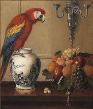 Репродукция картины "still life of macaw, chinese vase and fruit" художника "поуп александр"