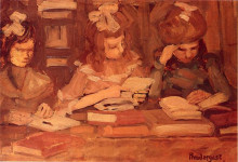 Репродукция картины "in the library (also known as three school girls)" художника "прендергаст морис"