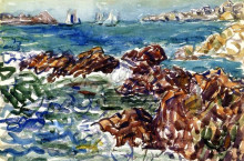 Картина "rocky cove with village" художника "прендергаст морис"
