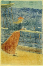 Копия картины "woman on ship deck, looking out to sea (also known as girl at ship s rail)" художника "прендергаст морис"