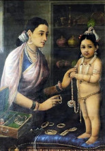 Репродукция картины "yasoda adorning krishna" художника "рави варма"
