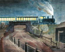 Репродукция картины "train going over a bridge at night" художника "равилиус эрик"