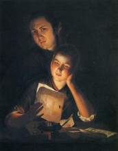Копия картины "a girl reading a letter by candlelight, with a young man peering over her shoulder" художника "райт джозеф"
