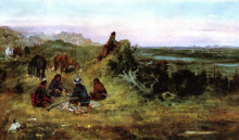 Картина "the piegans preparing to steal horses from the crows" художника "рассел чарльз марион"