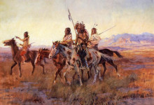 Репродукция картины "four mounted indians" художника "рассел чарльз марион"