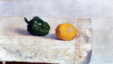 Репродукция картины "pepper and lemon on a white tablecloth" художника "редон одилон"