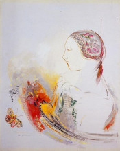 Репродукция картины "profile of a child (profile of a girl with bird of paradise)" художника "редон одилон"