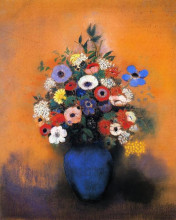 Репродукция картины "minosas, anemonies and leaves in a blue vase" художника "редон одилон"