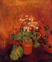 Репродукция картины "flowers in a pot on a red background" художника "редон одилон"