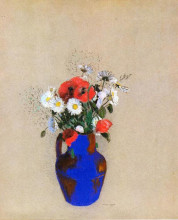 Репродукция картины "poppies and daisies in a blue vase" художника "редон одилон"