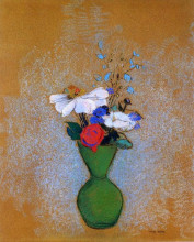 Картина "rose, peony and cornflowers in a green vase" художника "редон одилон"