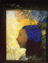 Репродукция картины "young girl in a blue bonnet" художника "редон одилон"