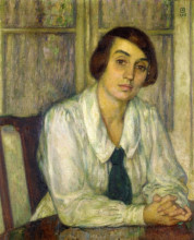 Картина "portrait of elizabeth van rysselberghe, seated with her hands on the table" художника "рейссельберге тео ван"