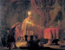 Репродукция картины "daniel and king cyrus in front of the idol of bel" художника "рембрандт"