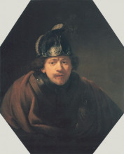 Репродукция картины "self-portrait with helmet" художника "рембрандт"